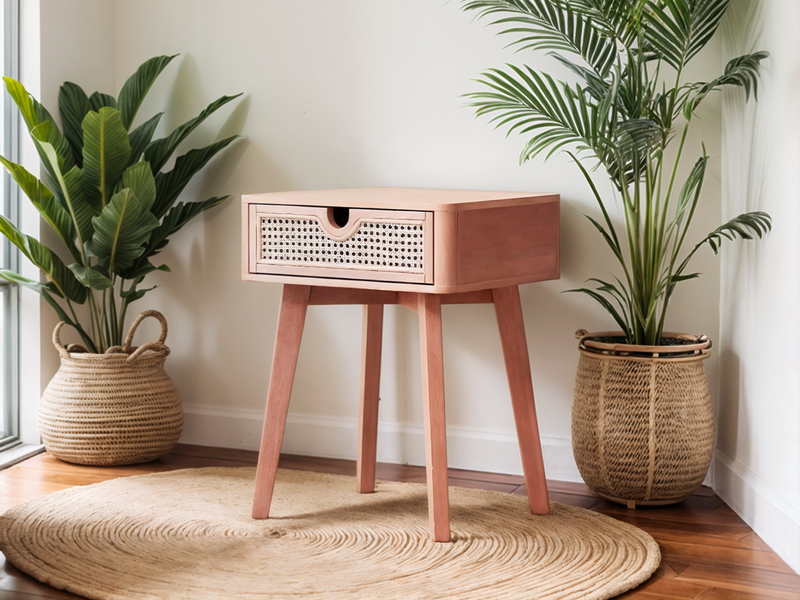 Pink Oak Bedside table with Rattan Drawer