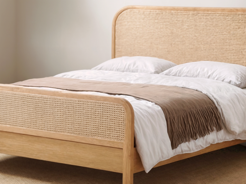 Beige Oak Bed with Rattan Headboard and Footboard