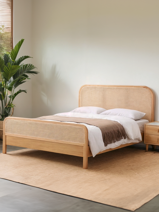 Beige Oak Bed with Rattan Headboard and Footboard