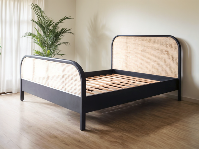 Black Oak Bed with Rattan Headboard and Footboard