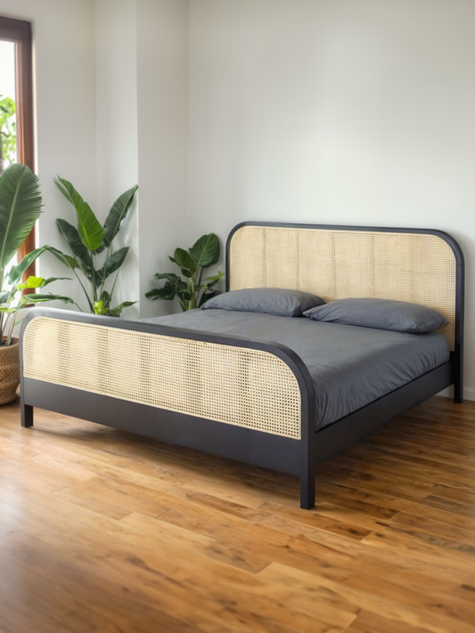 Black Oak Bed with Rattan Headboard and Footboard