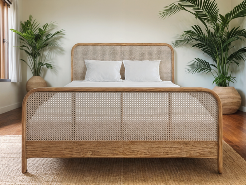 Brown Oak Bed with Rattan Headboard and Footboard