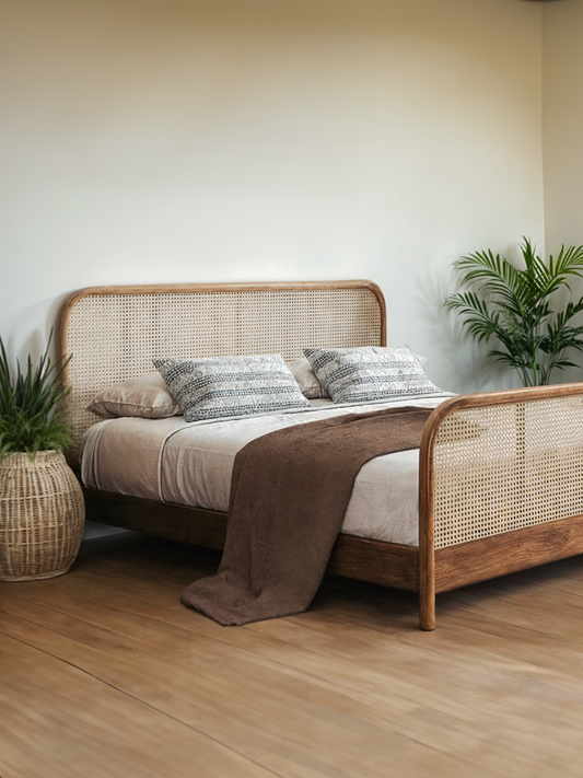 Brown Oak Bed with Rattan Headboard and Footboard