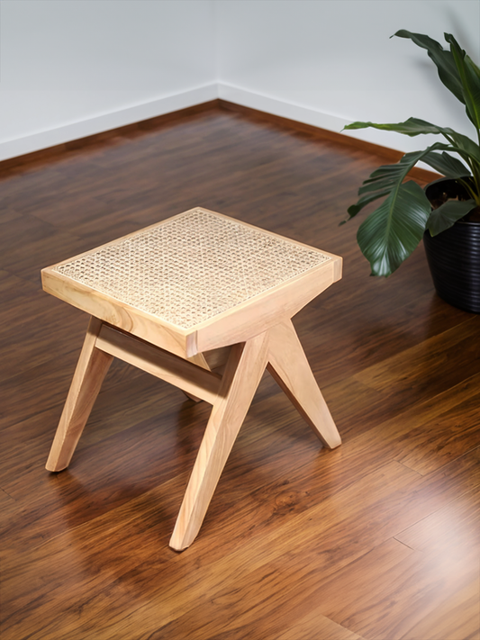 Beige Oak Stool with Natural Rattan Seat