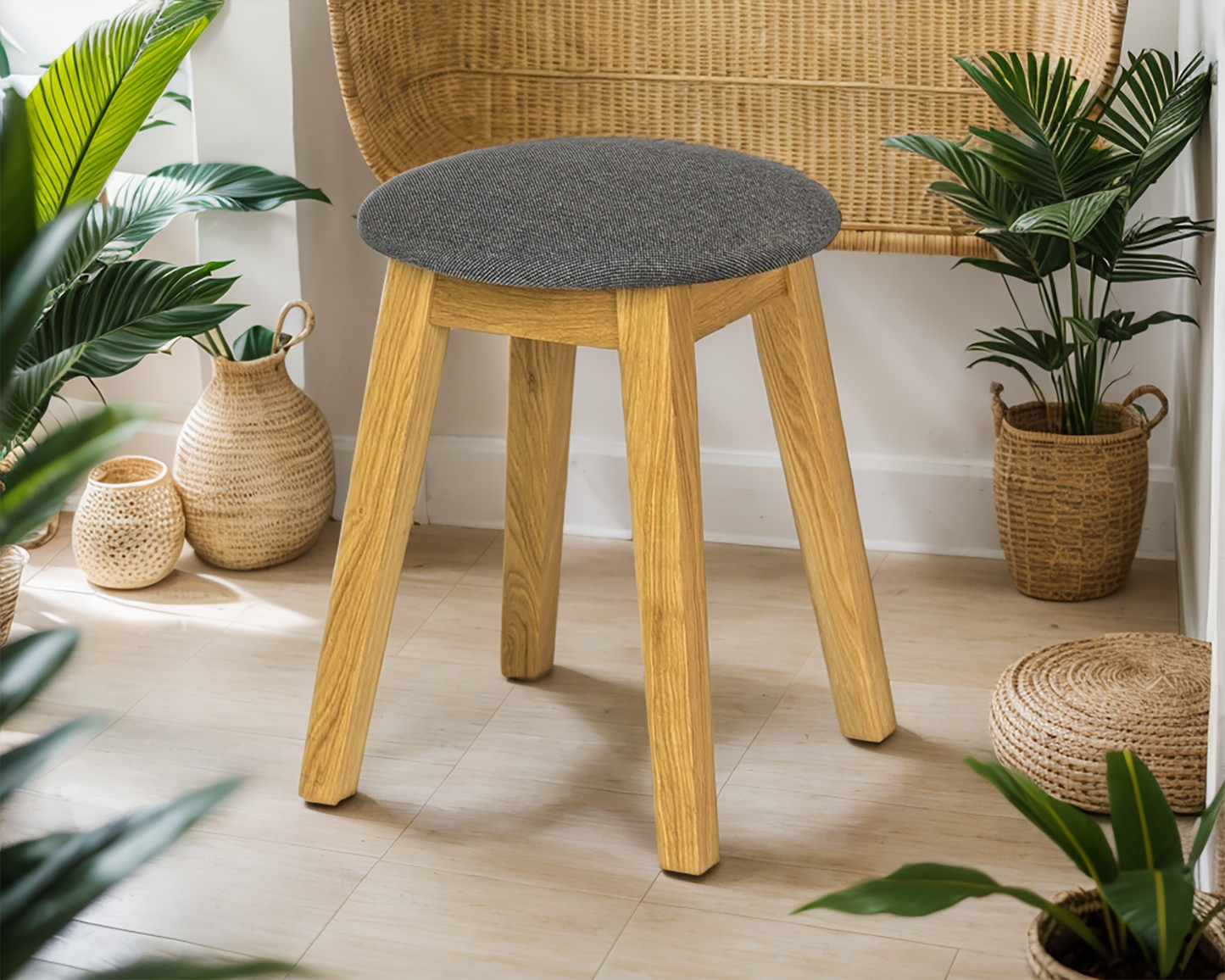 Natural Wooden Stool with Soft upholstery