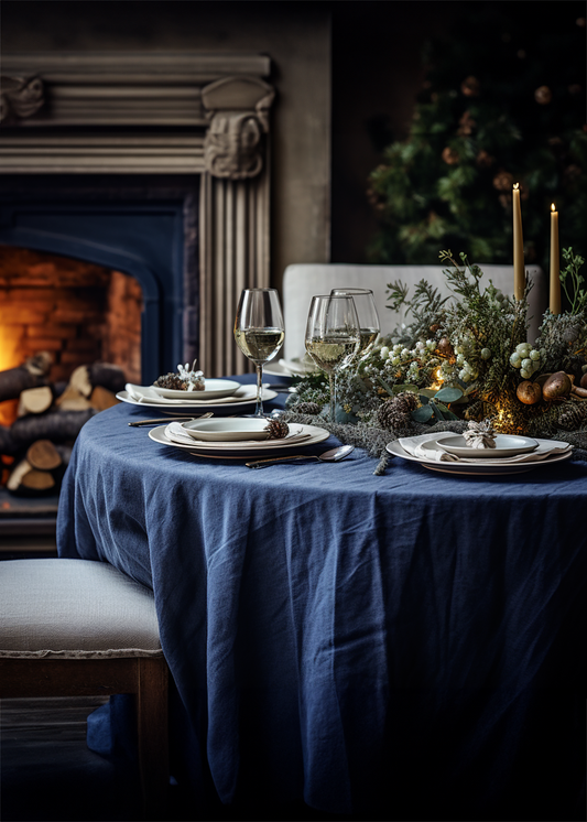 Christmas Indigo linen tablecloth