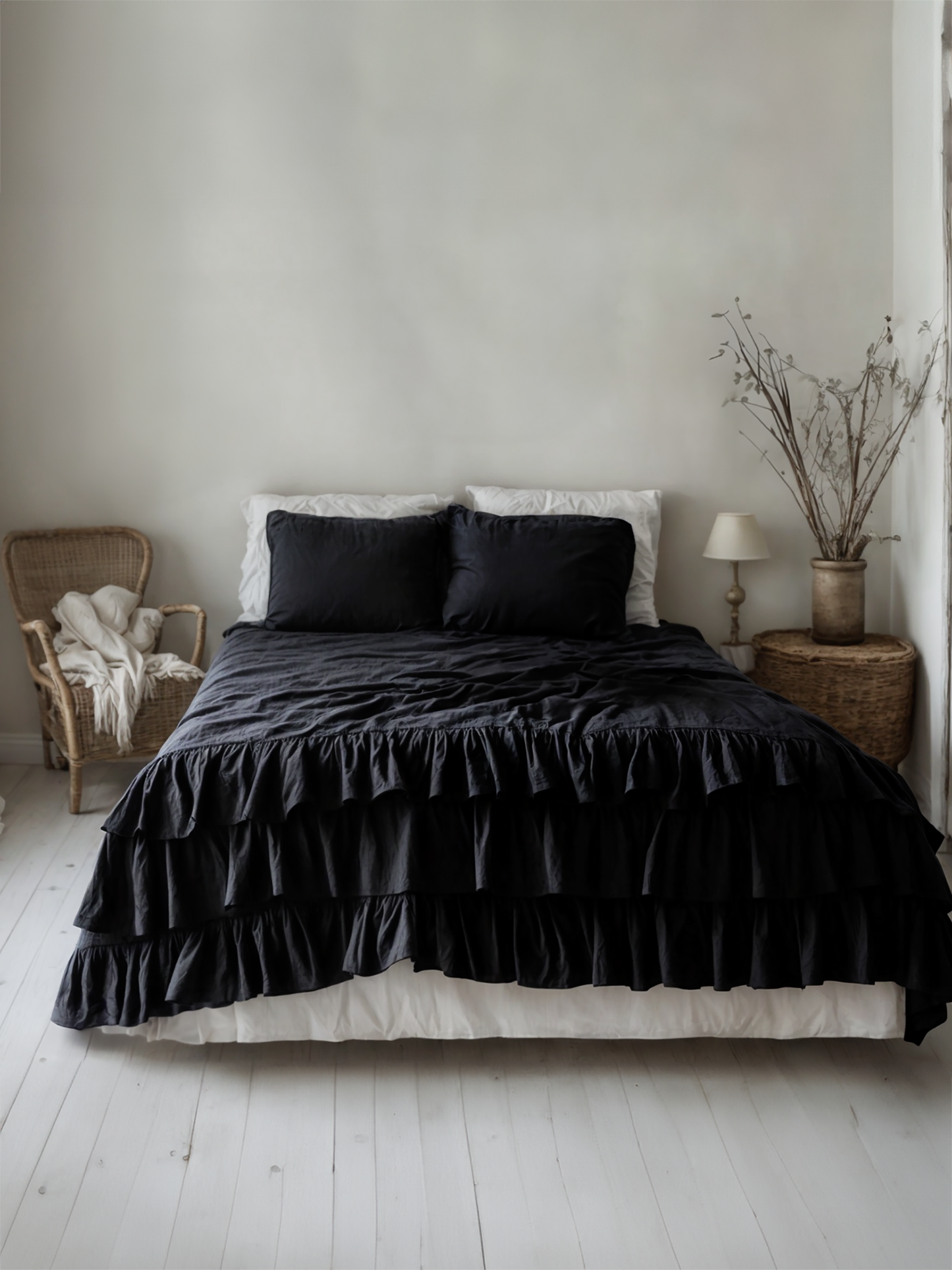 Black linen triple ruffled duvet cover