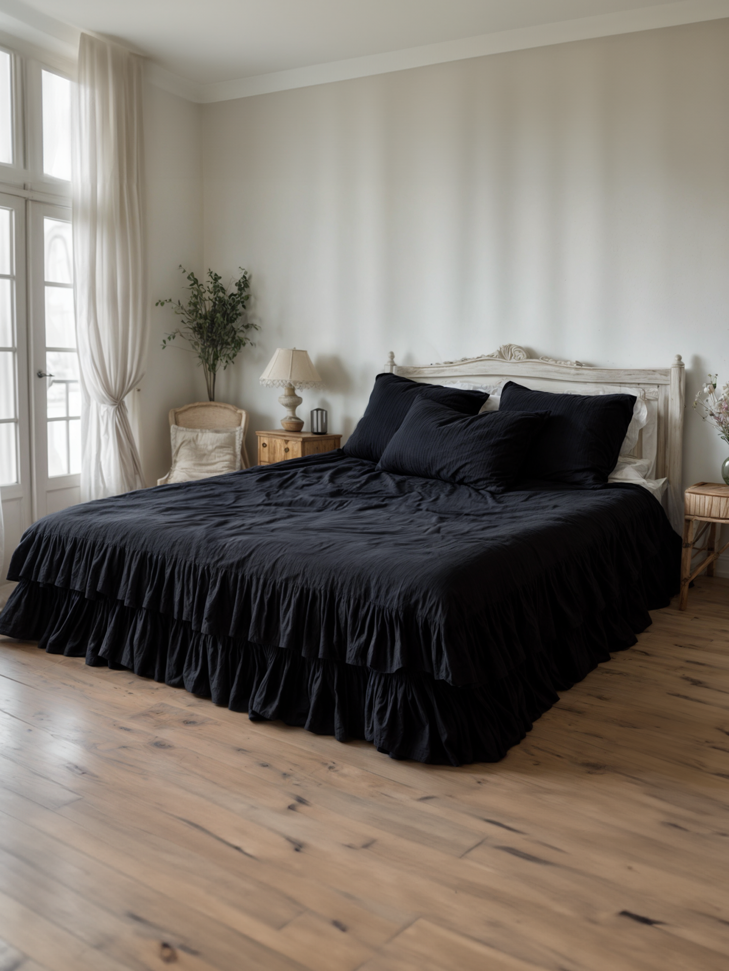 Black double ruffles soft linen bedding set