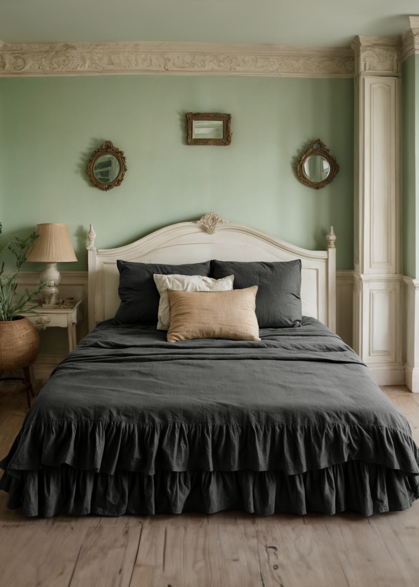 Charcoal double ruffles soft linen bedding set