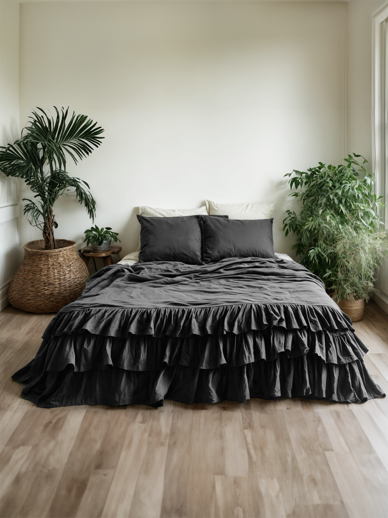 Charcoal triple ruffles soft linen bedding set
