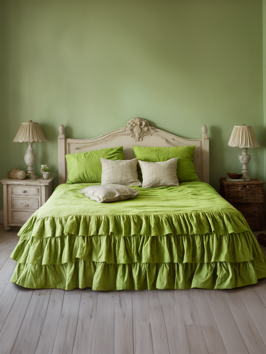 Lime linen triple ruffled duvet cover