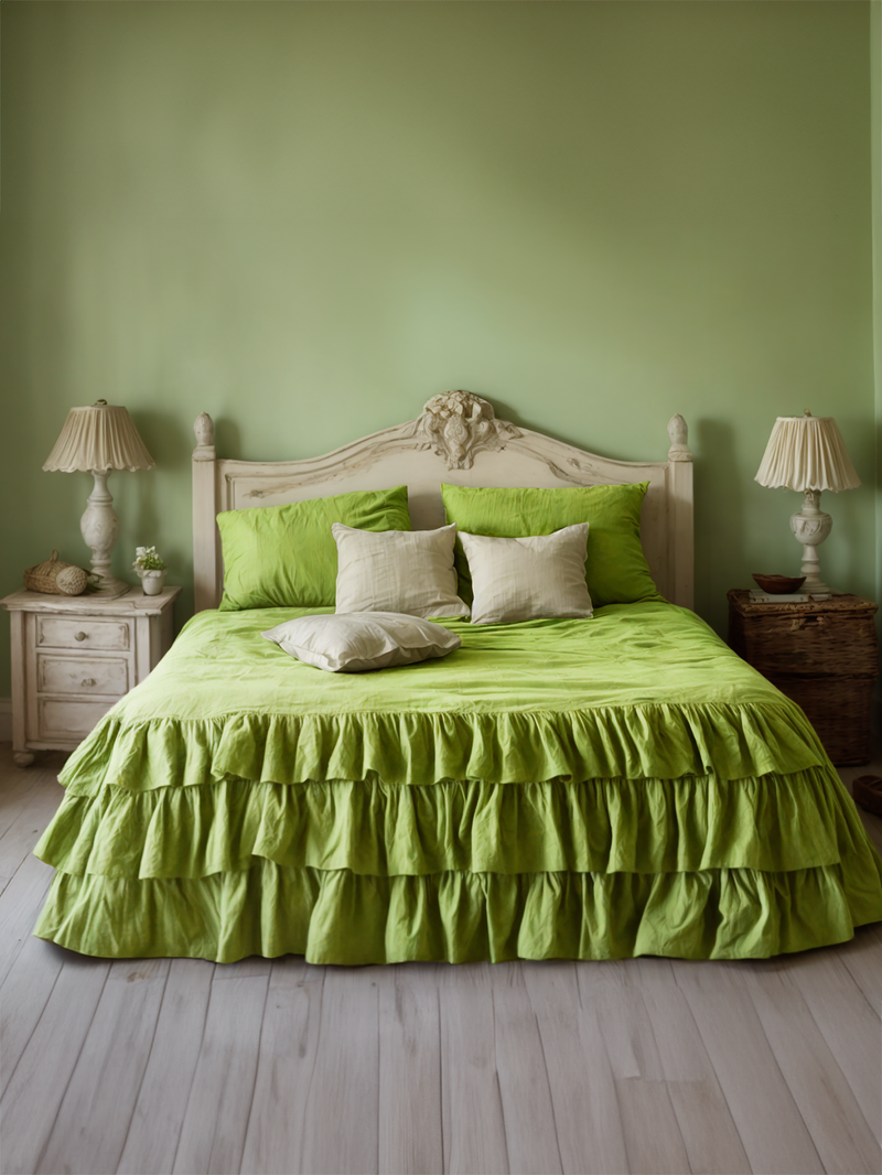 Lime triple ruffles soft linen bedding set