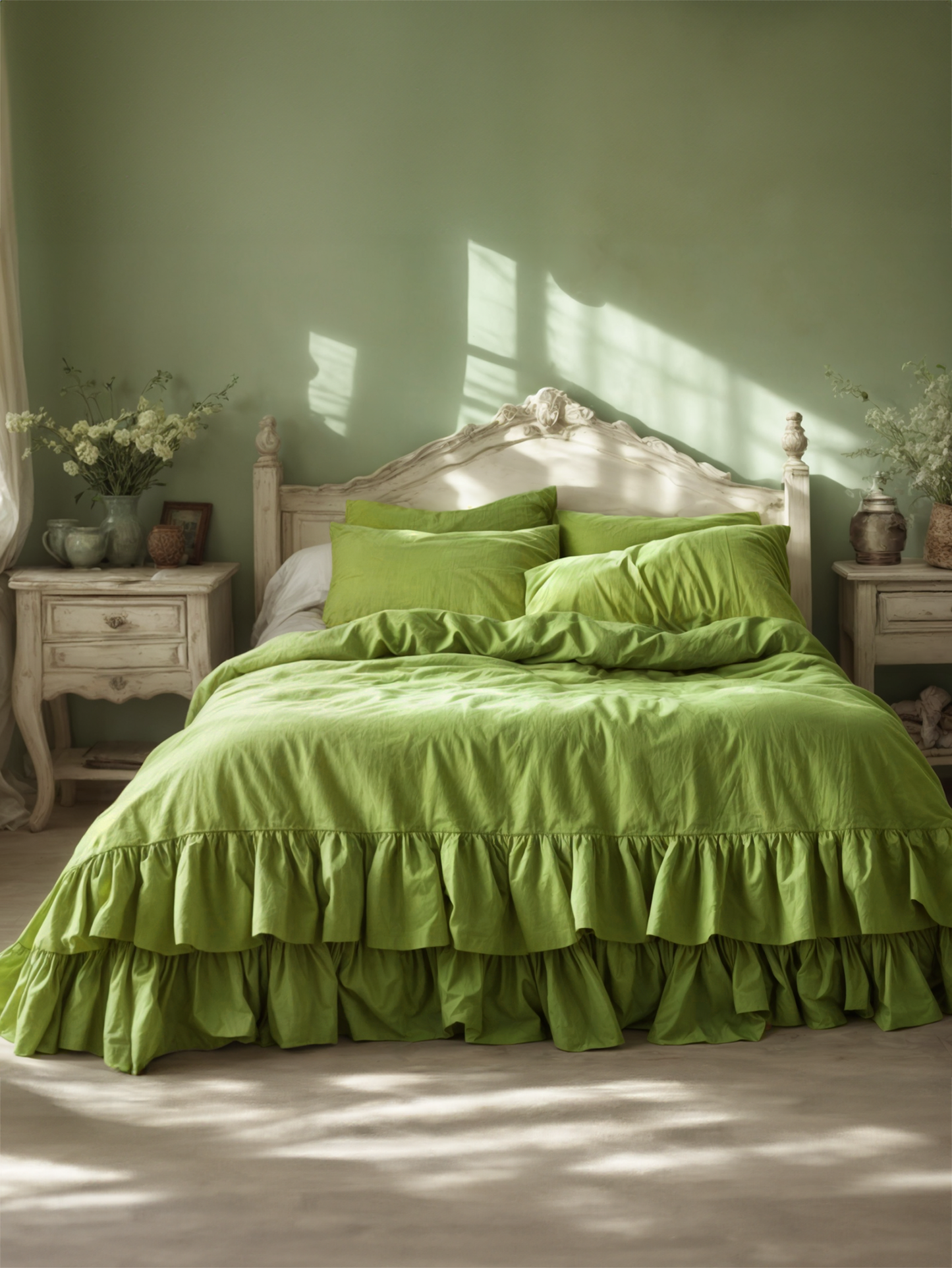 Lime double ruffles soft linen bedding set