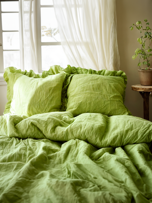 Lime ruffled linen pillow cover