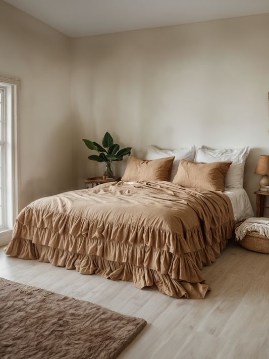 Almond linen triple ruffled duvet cover