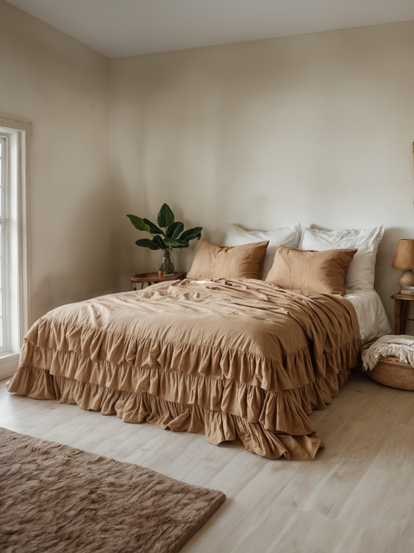Almond linen triple ruffled duvet cover