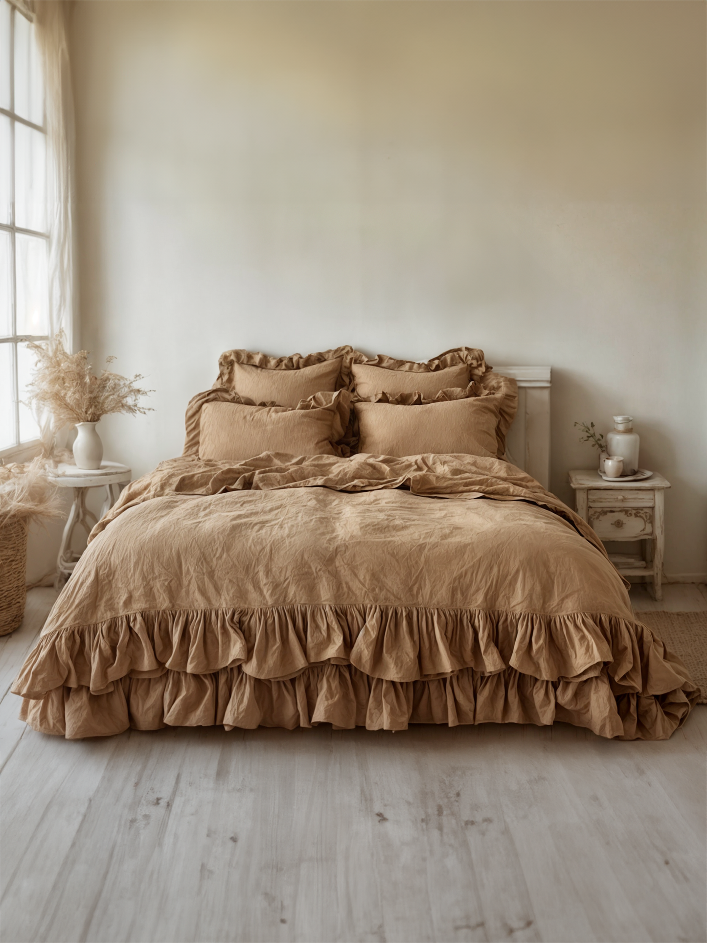 Almond double ruffles soft linen bedding set