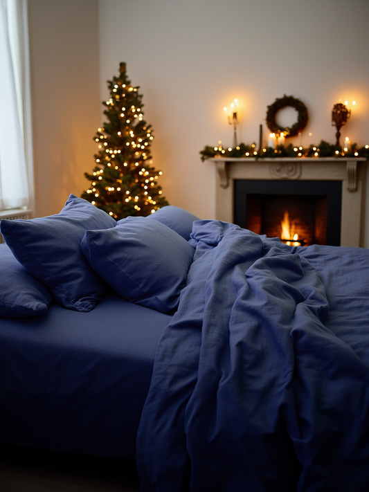 Christmas Indigo linen coverlet