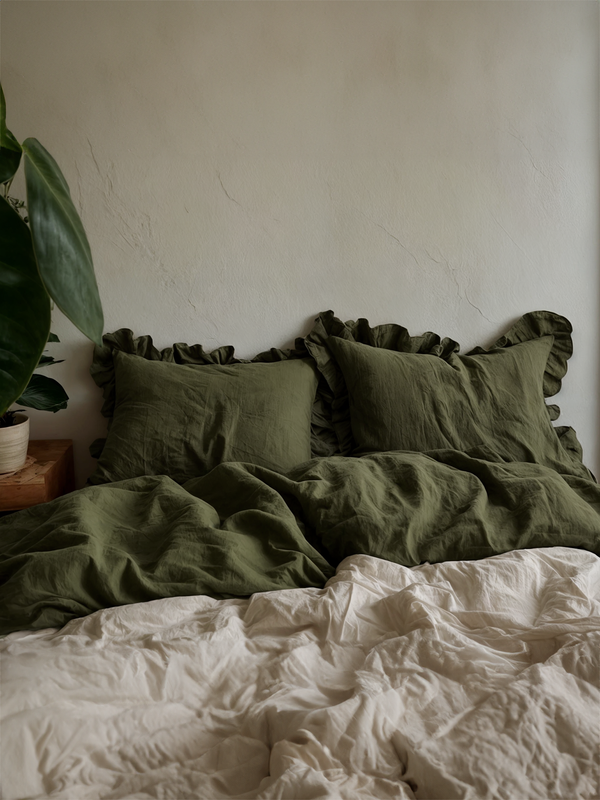Khaki ruffled linen pillow cover