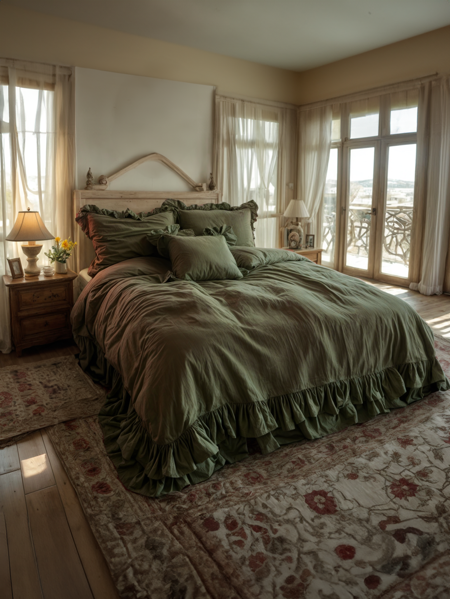 Khaki double ruffles soft linen bedding set