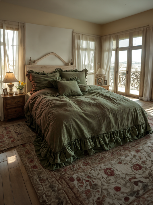 Khaki linen double ruffled duvet cover