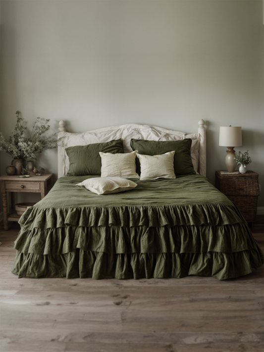 Khaki triple ruffles soft linen bedding set