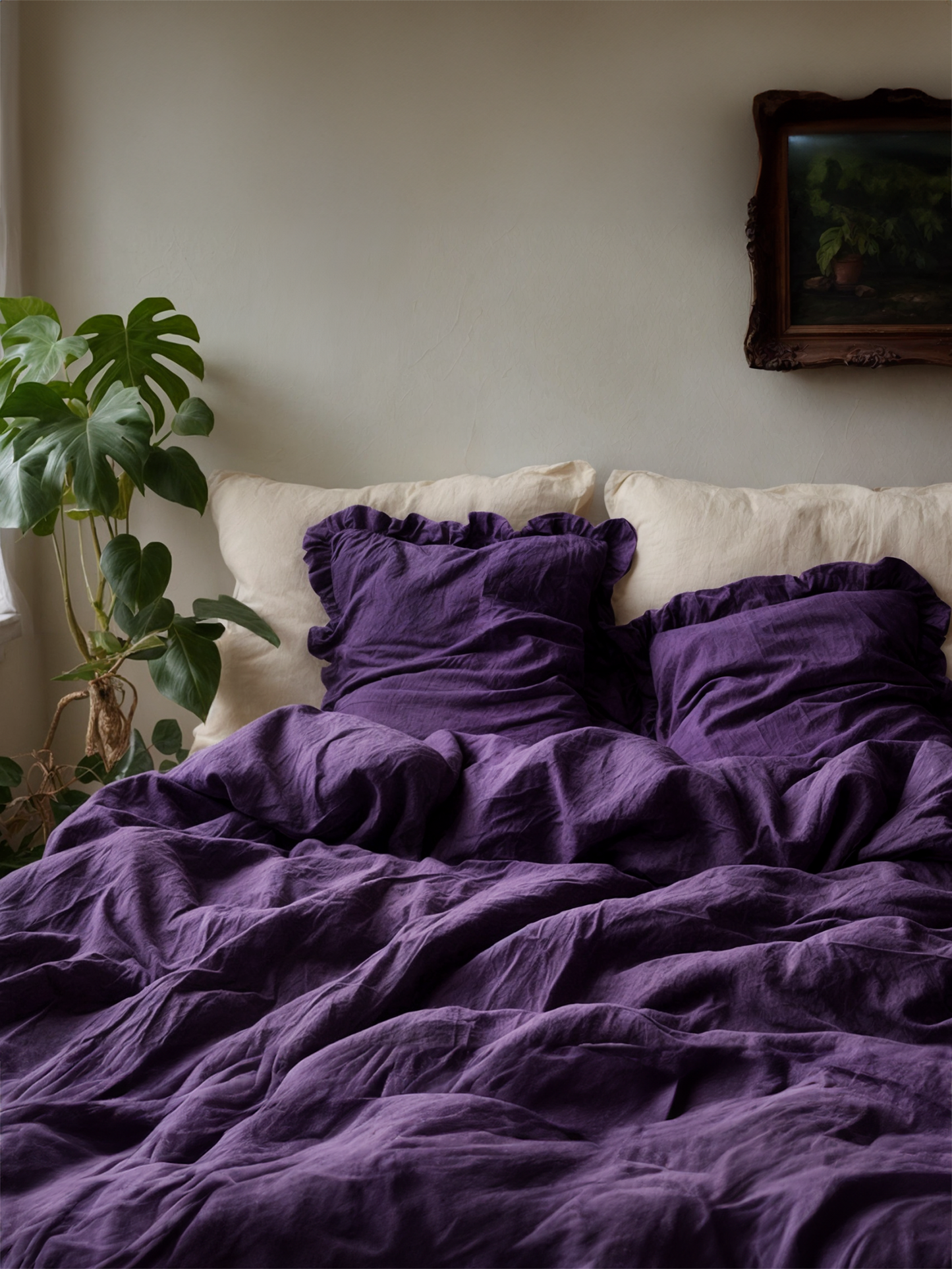 Violet ruffled linen pillow cover