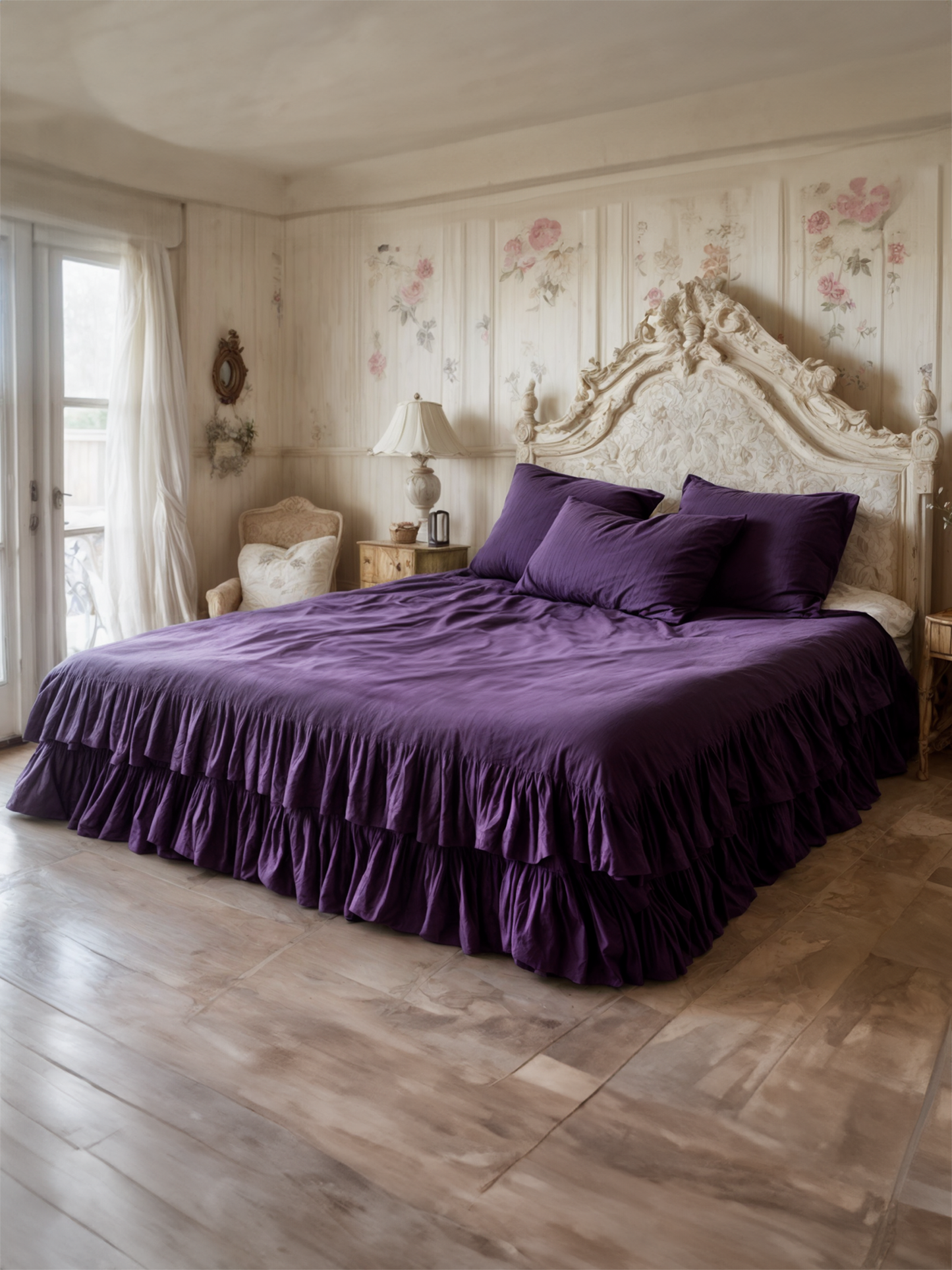 Violet double ruffles soft linen bedding set