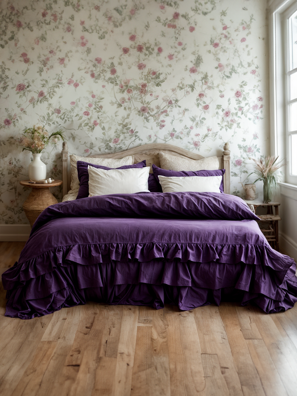 Violet linen triple ruffled duvet cover