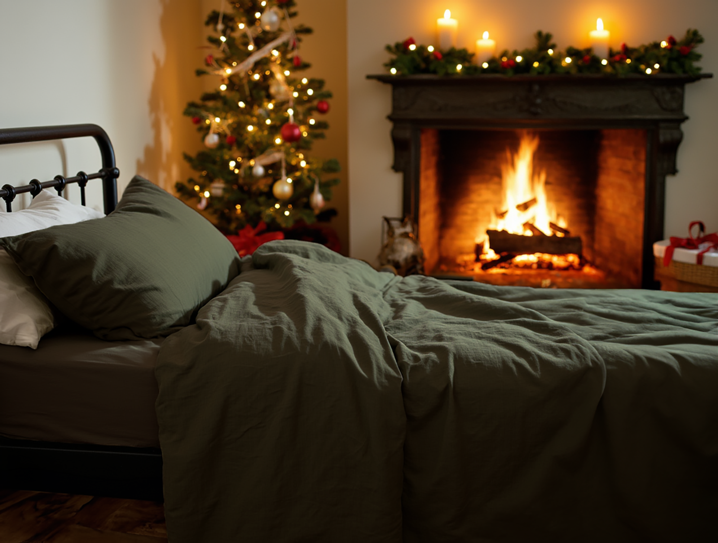 Christmas Khaki linen coverlet