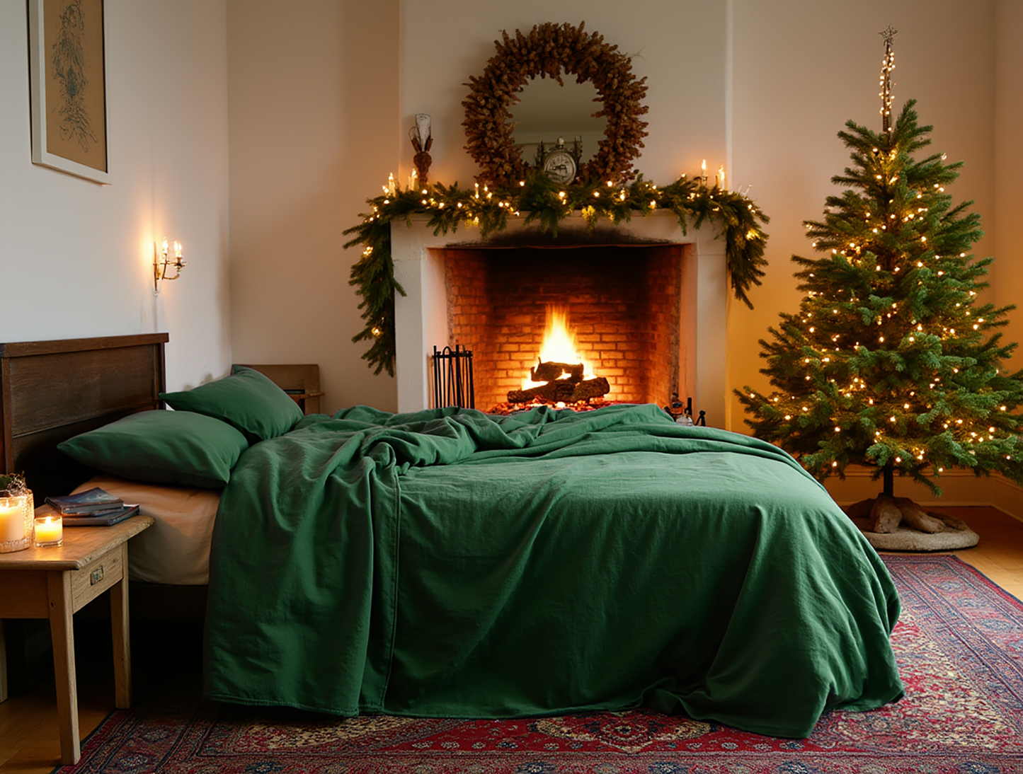 Christmas Verdant linen coverlet
