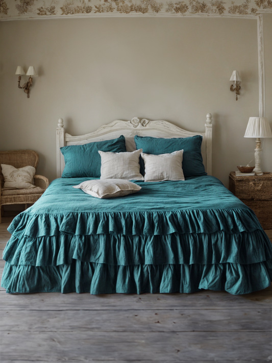 Teal linen triple ruffled duvet cover