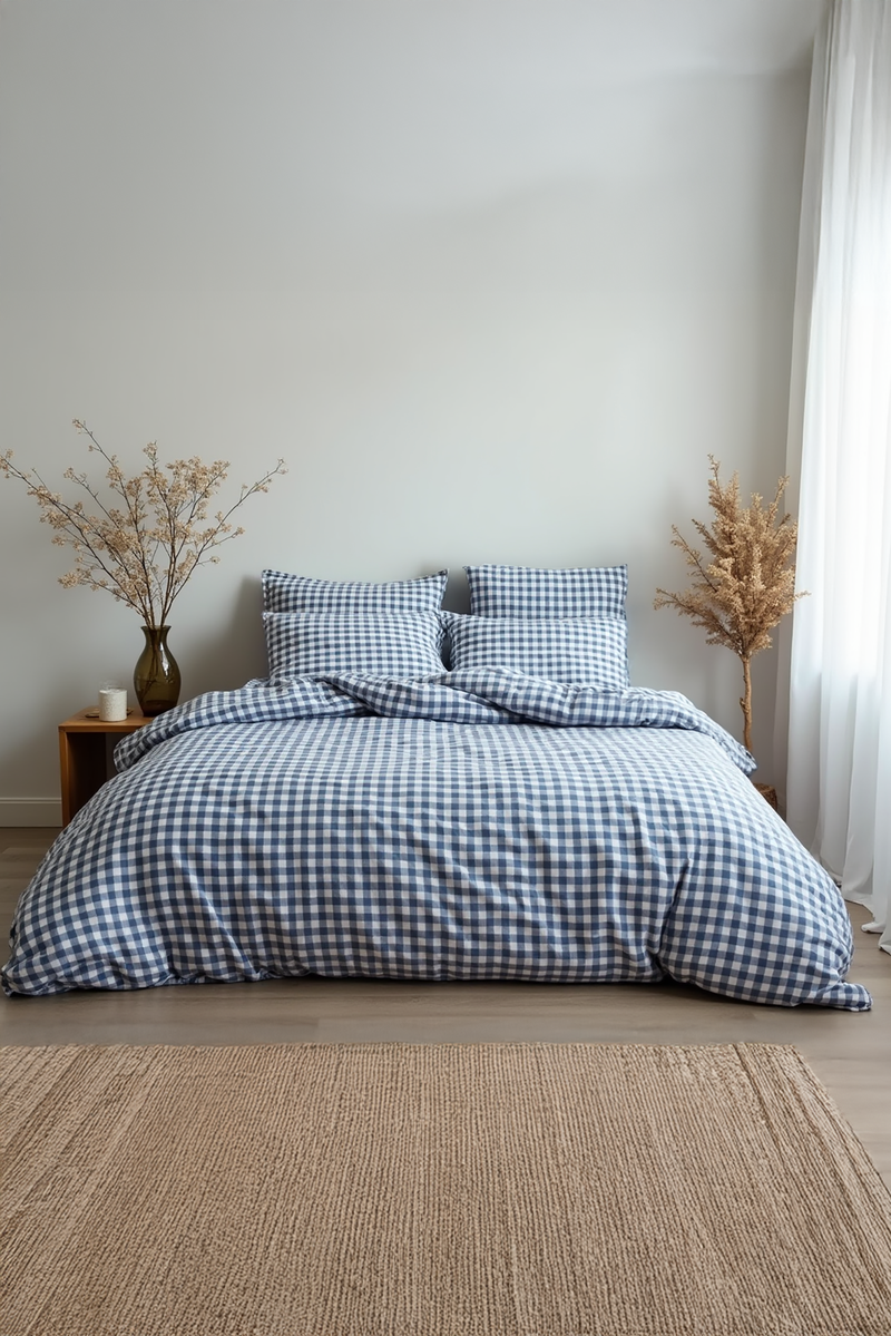 Navy Gingham Cotton Bedding Set