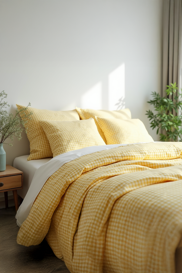 Yellow Small Gingham Cotton Bedding Set