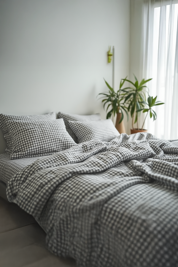 Dark gray Gingham Cotton Bedding Set