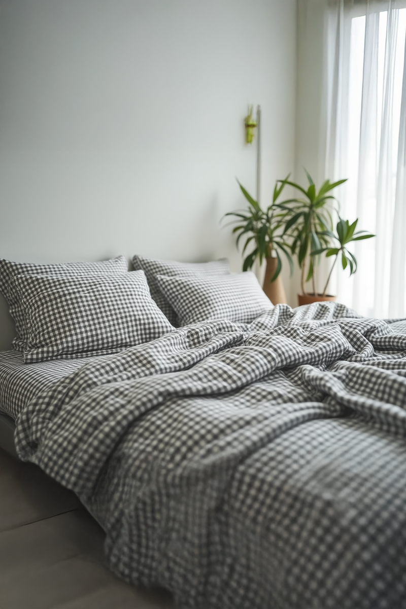 Dark gray Gingham Cotton Bedding Set