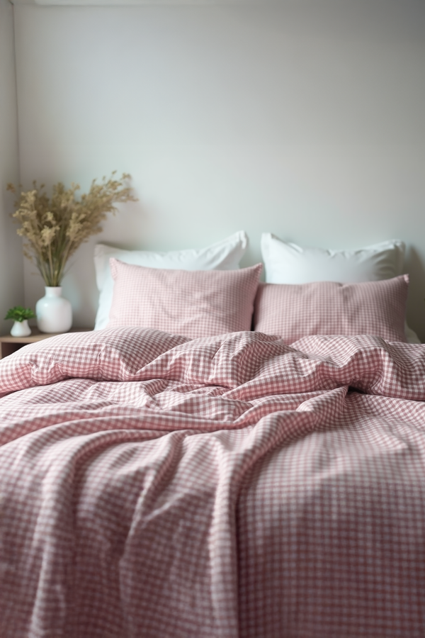 Pink Small Gingham Cotton Bedding Set