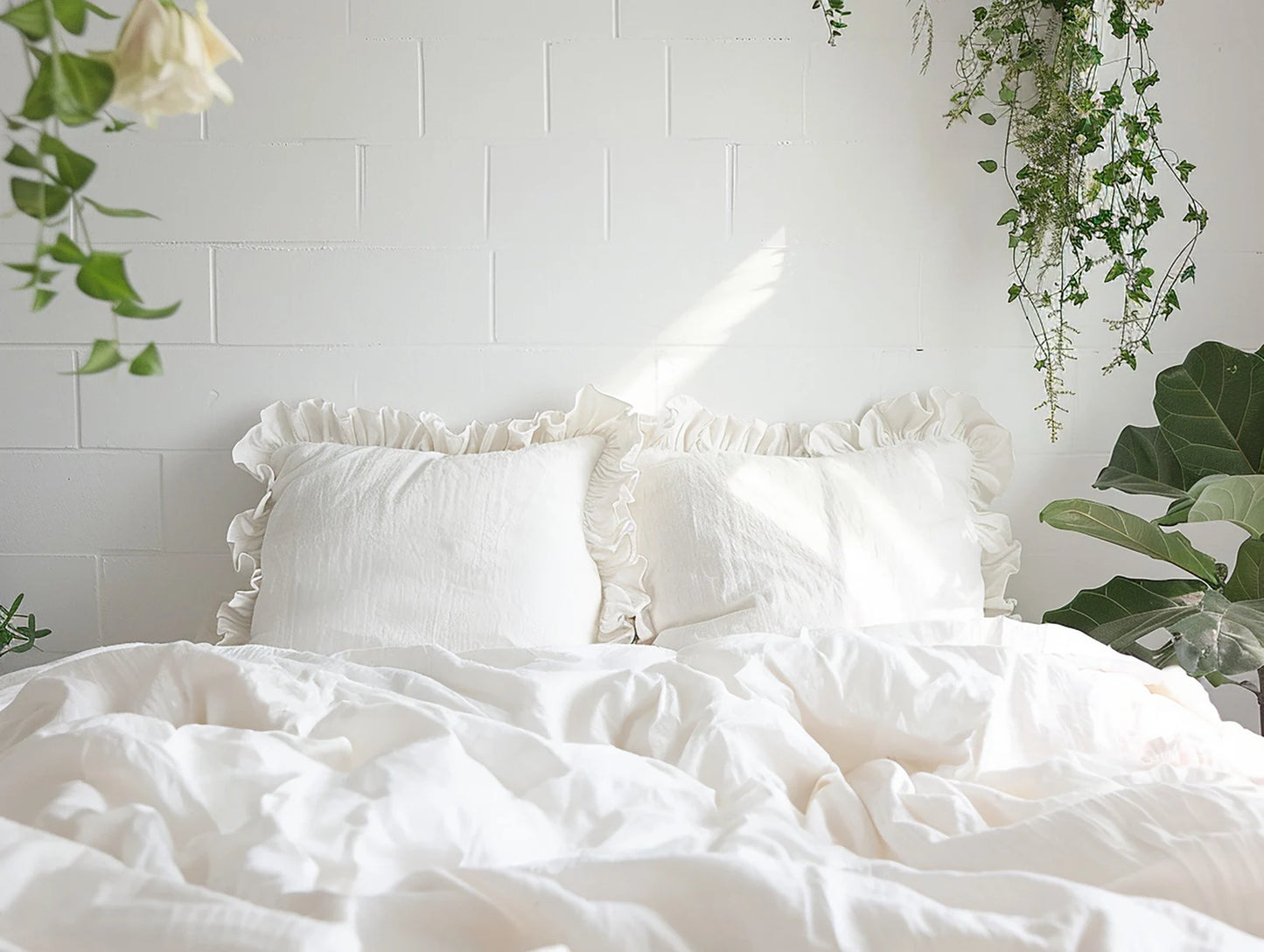 White double ruffles soft linen duvet cover