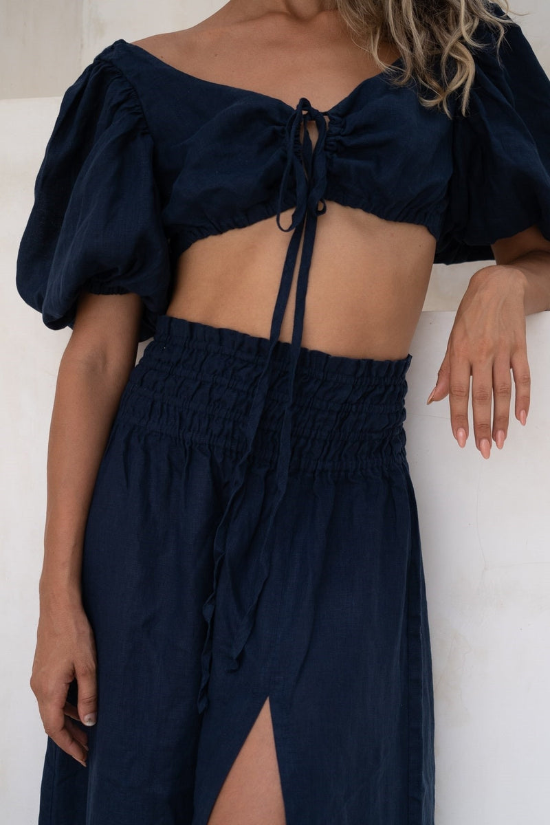 Navy linen set of wrap crop top and maxi skirt Kiara set Open back top with puffed sleeves loose high waist skirt Blue linen clothing
