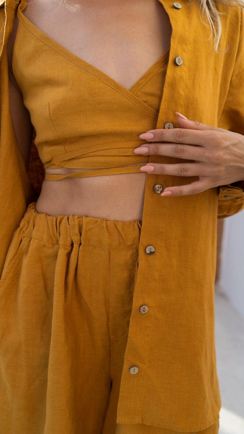 Amber linen set Kaia set Loose long sleeve linen shirt Kaia and high elastic waist shorts Samantha and wrap crop top Liana Custom sizes