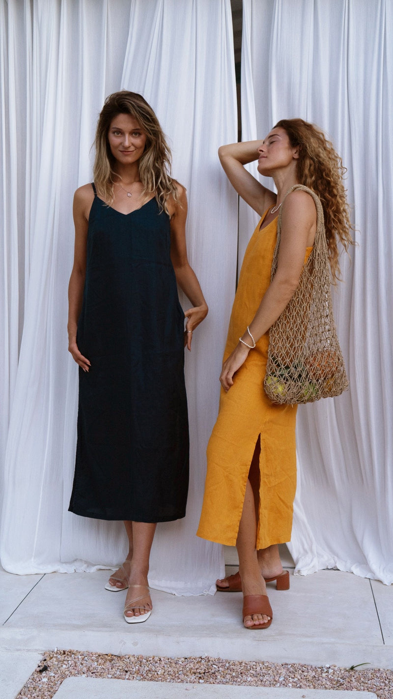 Navy linen midi slip dress Anka Long strap cami dress Simple basic summer dress Minimalist casual pure linen dress Custom size