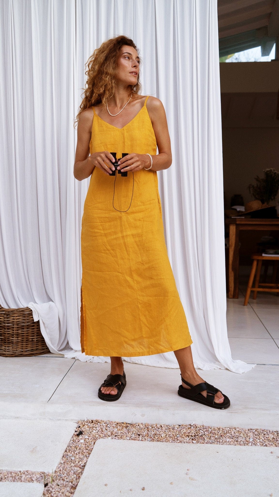 Marigold linen midi slip dress Anka Long strap cami dress Simple basic summer dress Minimalist casual pure linen dress Custom size