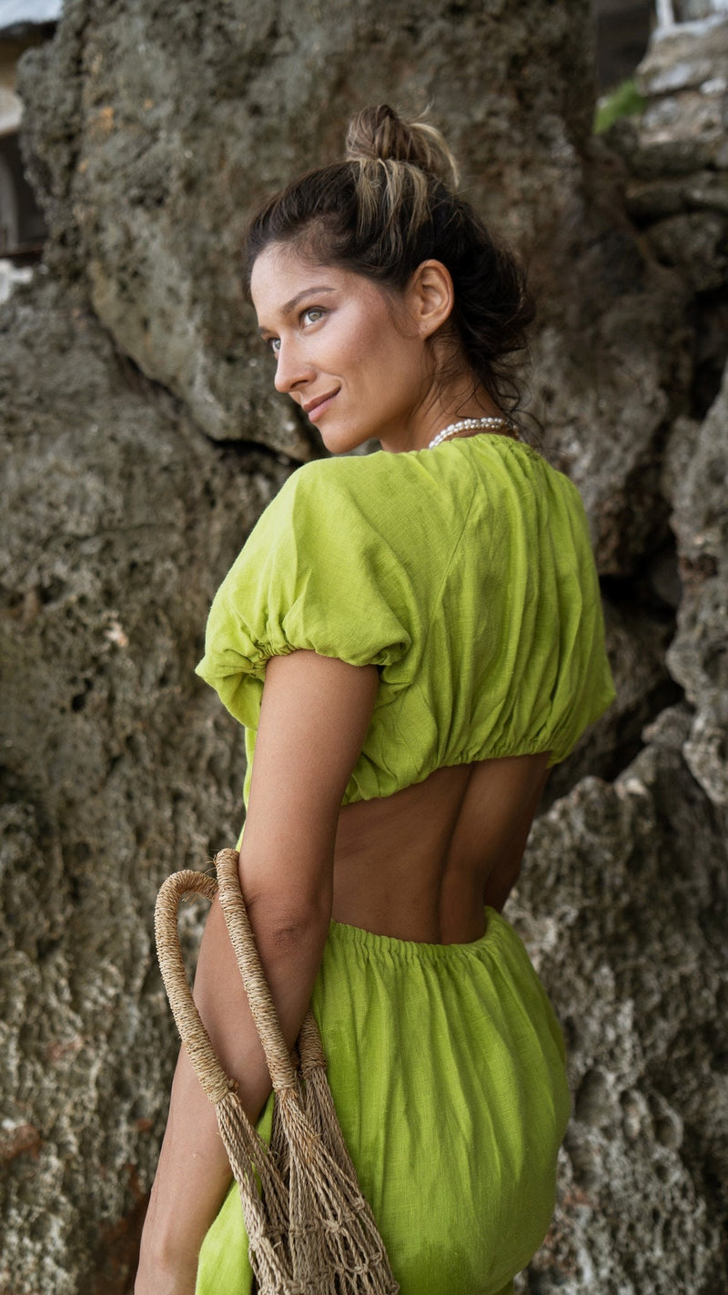 Lime linen dress Flora Plunging neckline open back long linen dress with puffy sleeves Low cut dress with plunge back Custom sizes