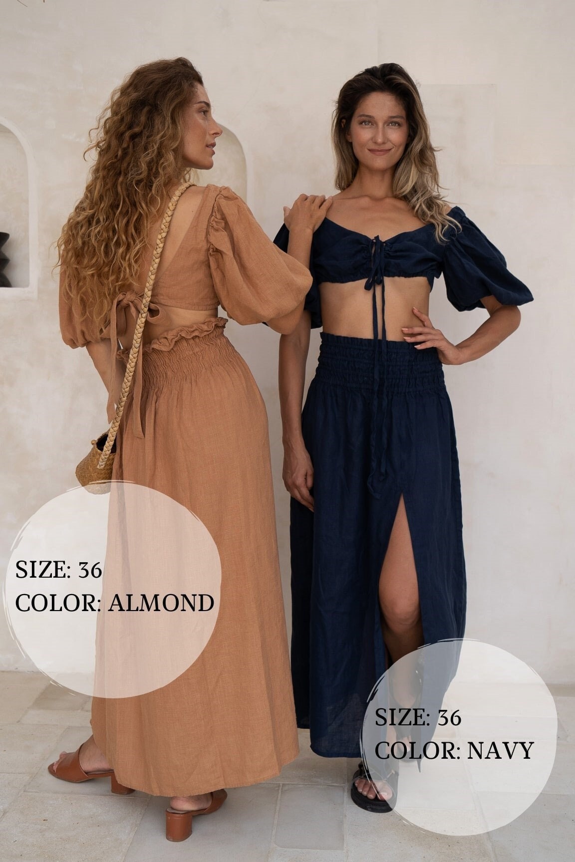 Almond linen set of wrap crop top and maxi skirt Kiara set Open back top with puffed sleeves loose high waist skirt Clay linen clothing