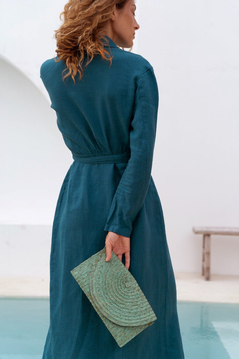 Office teal linen wrap midi dress Maria Linen mid calf long sleeve shirt style dress with belt Formal business dress Plus sizes