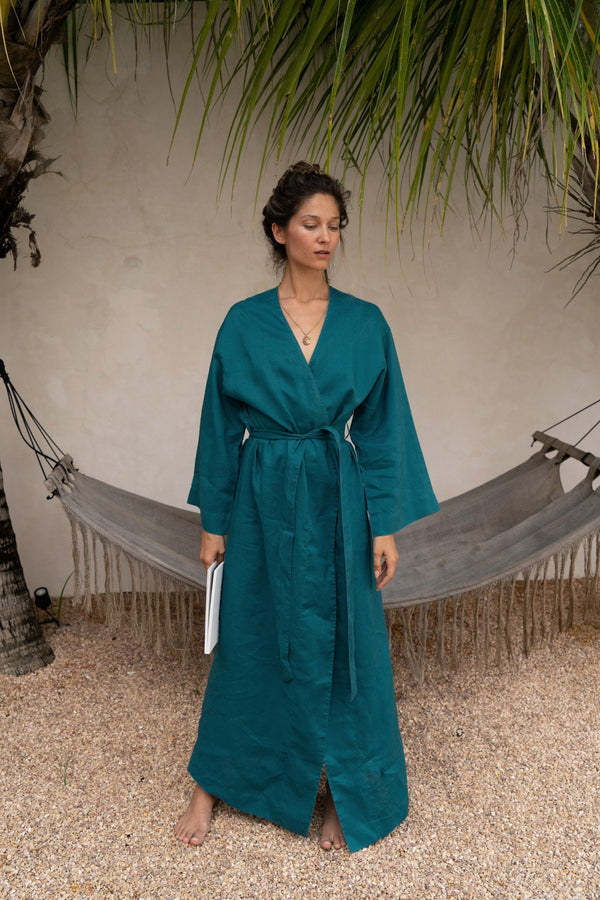 Teal linen kimono maxi dress Lexa Japanese kimono robe Softened linen long wrap dress Kimono wrap dress with belt Custom sizes