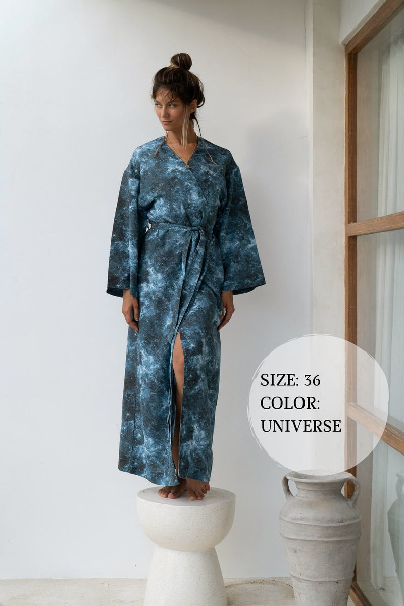 Fuchsia linen kimono maxi dress Lexa Japanese kimono robe Softened linen long wrap dress Kimono wrap dress with belt Custom sizes