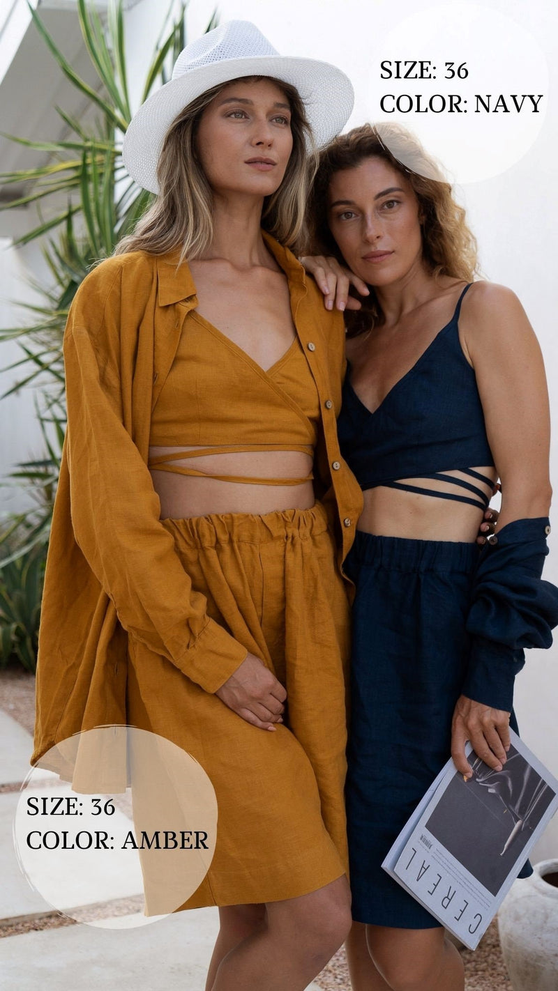 Amber linen set Kaia set Loose long sleeve linen shirt Kaia and high elastic waist shorts Samantha and wrap crop top Liana Custom sizes