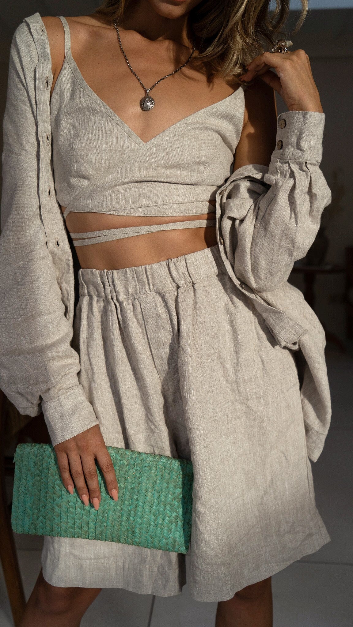 White linen set Kaia set Loose long sleeve linen shirt Kaia and high elastic waist shorts Samantha and wrap crop top Liana Custom sizes