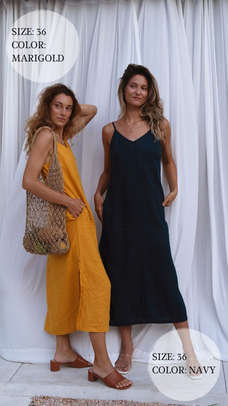 Marigold linen midi slip dress Anka Long strap cami dress Simple basic summer dress Minimalist casual pure linen dress Custom size